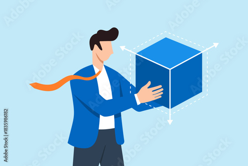 Flat illustration of businessman expanding 3D cube symbolizing innovation and creative problem solving