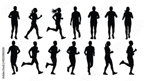 Running and jogging silhouettes isolated on white background, Vector