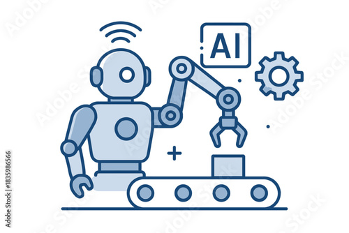 Futuristic Robot with AI Arm and Conveyor Belt in Action