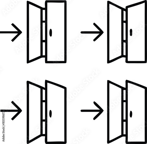 Four Icons Representing Entering Through Open Doors With Arrows direction