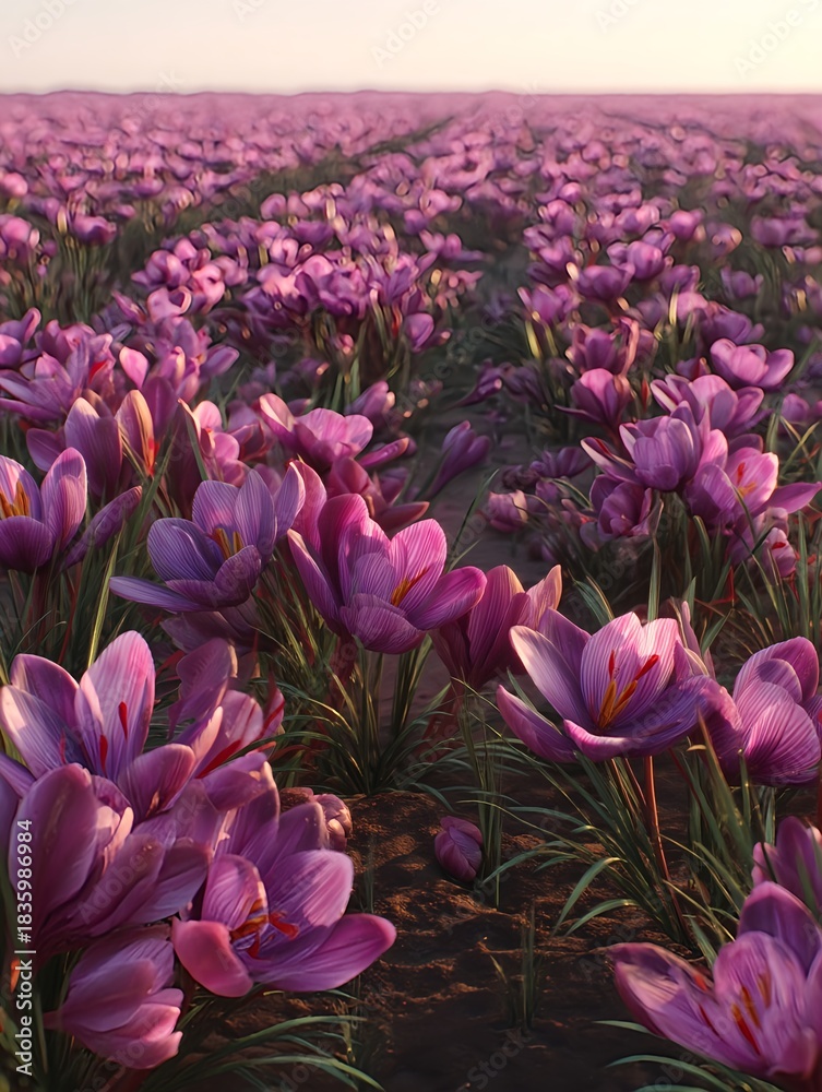 Obraz premium Purple saffron crocus flowers blooming in a field at golden sunrise