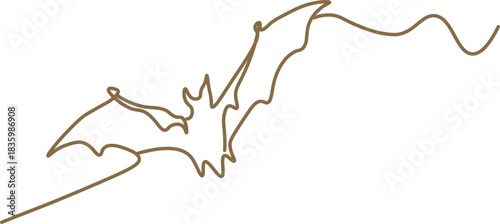 Minimalist one line art illustration of four flying bats, a continuous stroke drawing symbolizing halloween and nocturnal