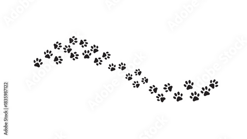 Paw prints of an animal walking in a winding path isolated on white background, vector illustration