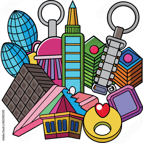 Assorted colorful cartoon objects and trinkets on white background Keywords: cartoon, objects