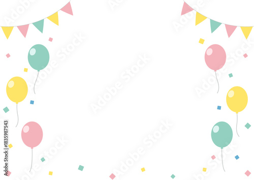 カラフルな風船とフラッグガーランドを飾ったお祝いフレーム/楽しいパーティー素材