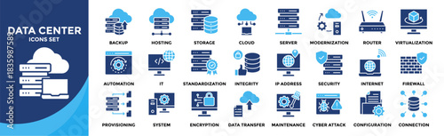 Data center icon set collection. an icon pack contain server, storage, router, cloud, backup, security, cyber, internet, hosting, modernization, virtualization, automation