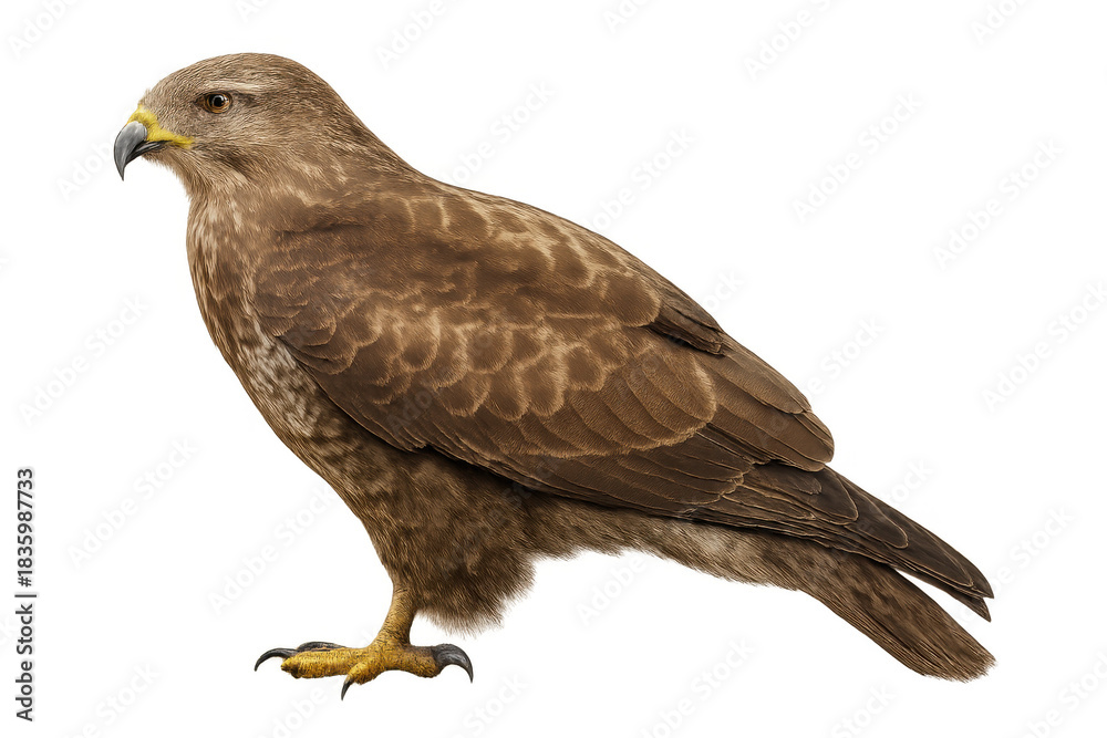 Obraz premium Common buzzard standing on transparent background, wildlife predator bird of prey showing natural brown plumage feathers