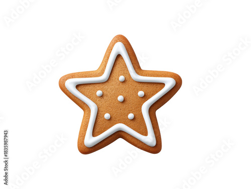 Festive gingerbread star cookie with sweet white icing decoration. charming holiday treat, this baked food symbol of Christmas celebration, isolated on transparency background