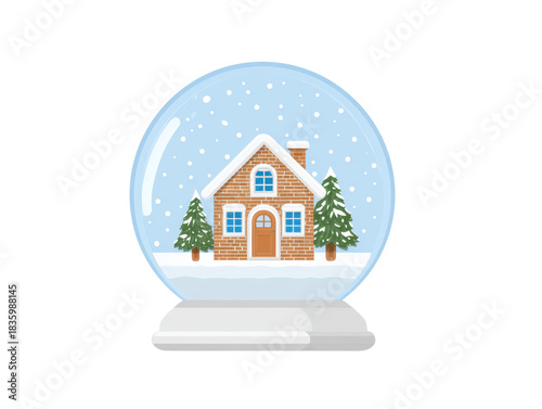 Charming snow globe illustration with festive winter scene. cozy house, christmas tree, and falling snow create magical holiday decoration for happy celebration