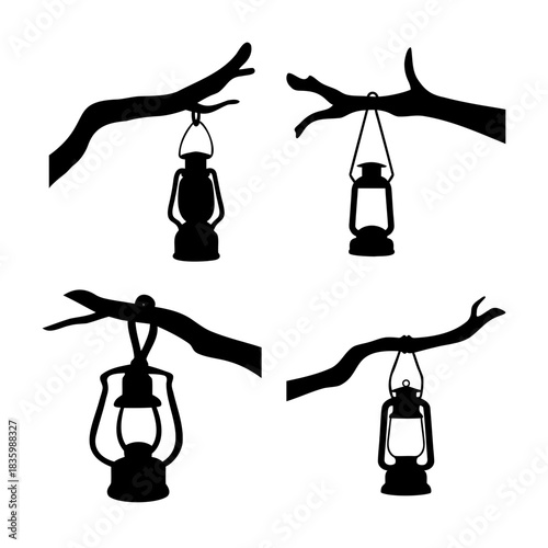 Rustic hanging lanterns silhouettes on tree branches design