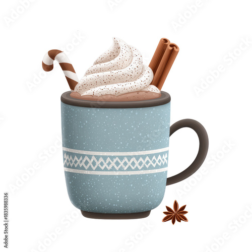 Cozy blue mug of hot chocolate with whipped cream, cinnamon stick, and candy cane. warm comforting beverage and winter drink perfect for Christmas holiday season