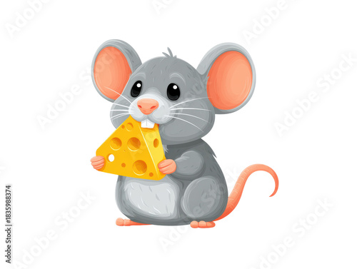 Happy and cute gray cartoon mouse character illustration, eating piece of yellow cheese. This hungry little animal mascot looks funny and content, isolated for design