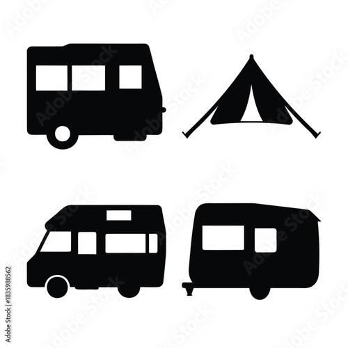 Recreational vehicle and tent silhouettes for camping travel.