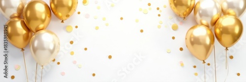 Floating gold balloons & confetti burst White background, celebratory vector art , white background, air