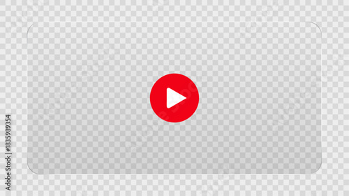 Contemporary vector glassmorphism video player interface mockup. Futuristic transparent frosted glass UI design with blur effect. Media playback screen layout with red play button.