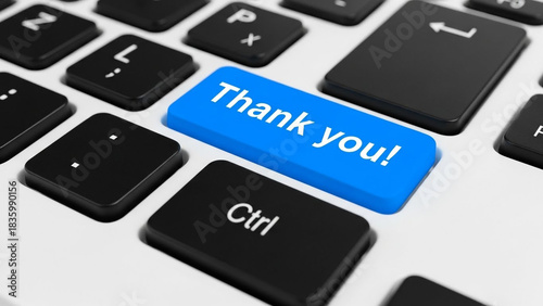 Express your gratitude with a vibrant blue 'Thank You' keyboard button perfect for digital marketing and social media posts to show appreciation