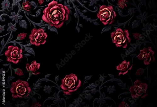 Intricate black background with dark, shadowy floral pattern, velvety texture,  decoration,  deep