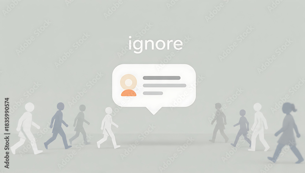 Obraz premium Stylized illustration showing the concept of ignoring messages or social interactions with people walking past a notification bubble.