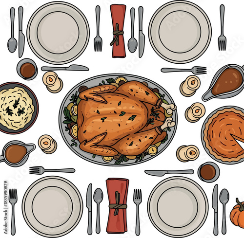 Festive Thanksgiving Dinner Table Setting with Roasted Turkey and Side Dishes.