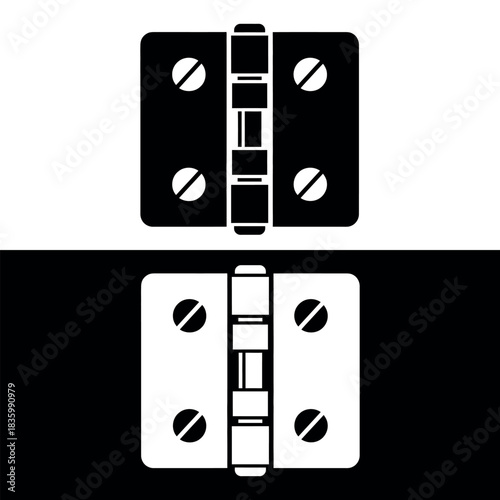 Flat black vector icon of a door hinge isolated on Black & white background