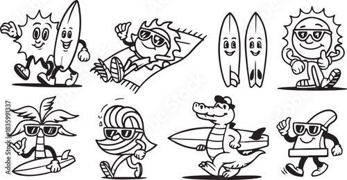 Retro cartoon summer surf vector set. Sun, surfboard, wave, palm tree, alligator characters line art black and white