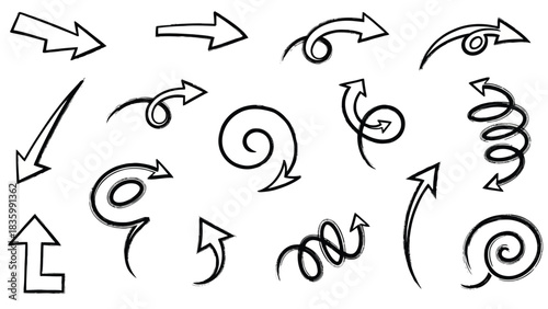 Collection of hand drawn arrow shapes and swirls silhouette