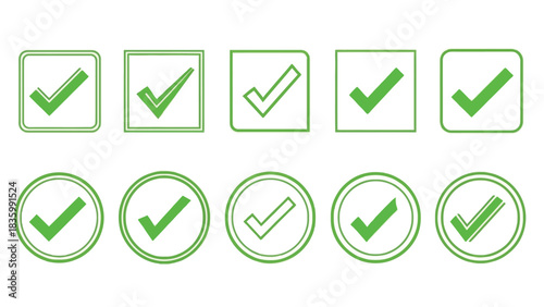 Collection of green check mark icons in square and circle frames silhouette