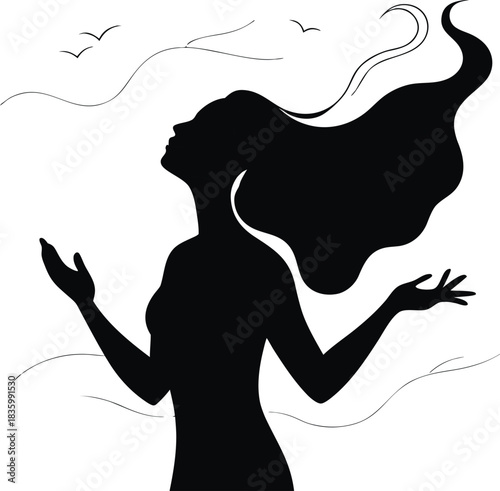 Silhouette of Woman with Long Flowing Hair and Open Arms Enjoying Freedom