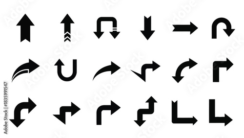 Collection of diverse black arrow icons in silhouette