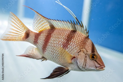 Close up of a striped tropical hogfish fish swimming in clear blue water