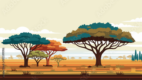 Vibrant African Savanna Landscape with Colorful Acacia Trees Illustration