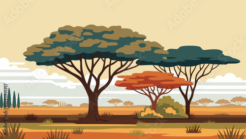 Stylized vector illustration of an African savanna landscape with characteristic acacia trees and dry grasslands