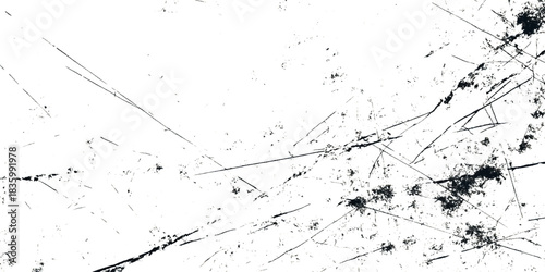 Black and White Grunge Texture Overlay with Scratches Ink Splatter and Distressed Transparent Background.