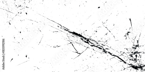 Grunge black ink splatter and scratched texture overlay on white background for design Perfect for use as a photographic overlay.