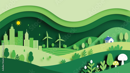 A layered paper art cityscape meets green hills and wind energy