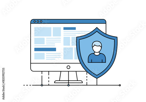 Computer screen with shield icon representing user data protection online - Flat Vector Illustration, icon. Editable stroke. Colored vector illustration