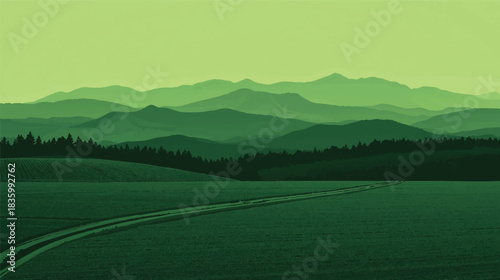 Serene green landscape featuring rolling hills distant mountains and a winding dirt road