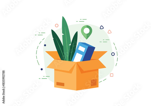Delivery box with plant and house icon representing logistics and moving - Flat Vector Illustration, icon. Editable stroke. Colored vector illustration