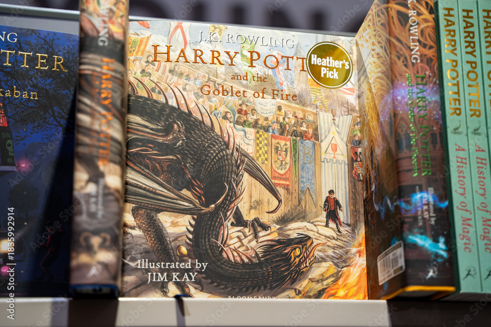 Obraz premium Close up of Harry Potter and the Goblet of Fire illustrated edition. Toronto, Canada - December 3, 2025.