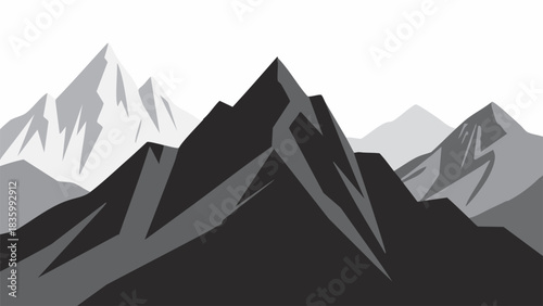 A stark black and white illustration depicts a mountain range with varying peaks