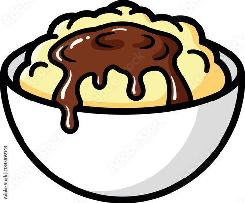Mashed Potatoes with Gravy in a Bowl Illustration.