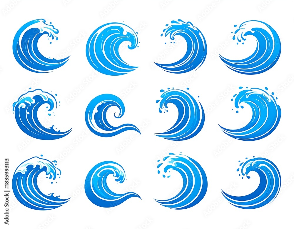 Fototapeta premium Cartoon-style collection of stylized ocean waves in various shapes
