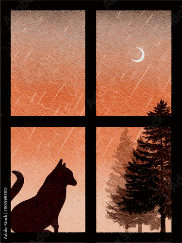 Watercolor Illustration of a Cat Sitting by a Window on a Rainy Afternoon