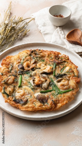 Savory Seafood Pancake with Shrimp and Scallions on White Plate