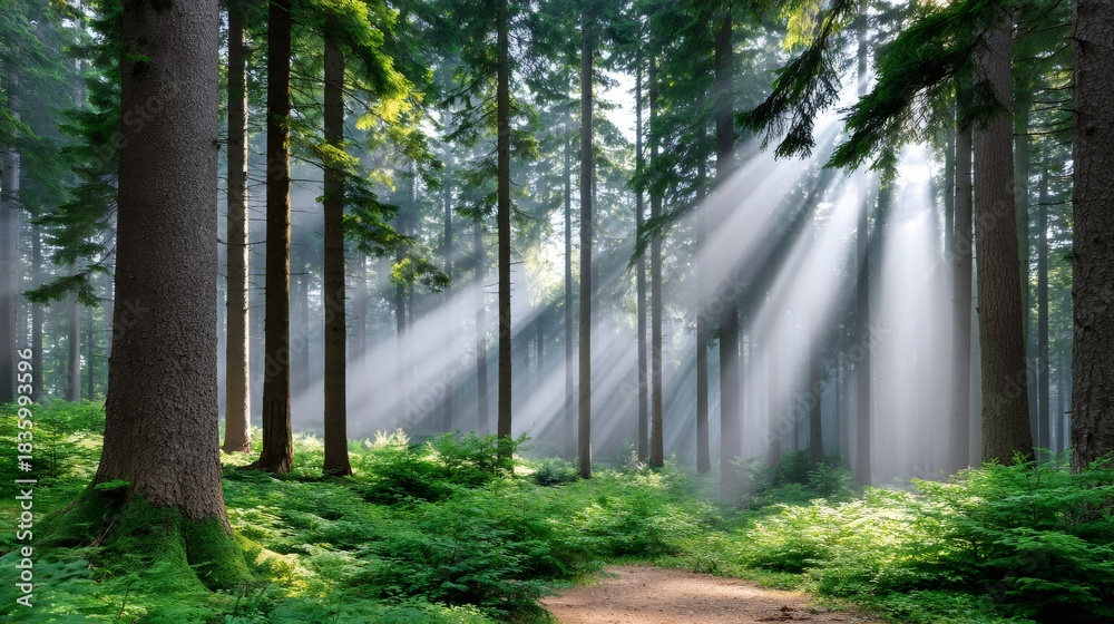 Obraz premium Forest path in morning sunbeams through pine trees