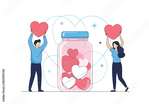 People collecting hearts in a jar for charity or love - Flat Vector Illustration, icon. Editable stroke. Colored vector illustration
