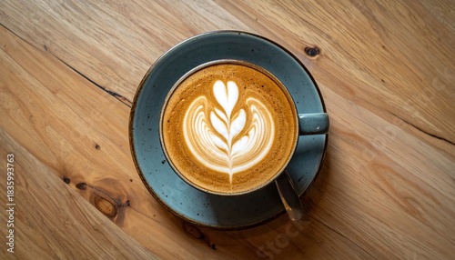 Overhead View Of A Perfectly Crafted Coffee Latte With Heart Shaped Latte Art Sitting On A Rustic Wooden Table With Natural Lighting