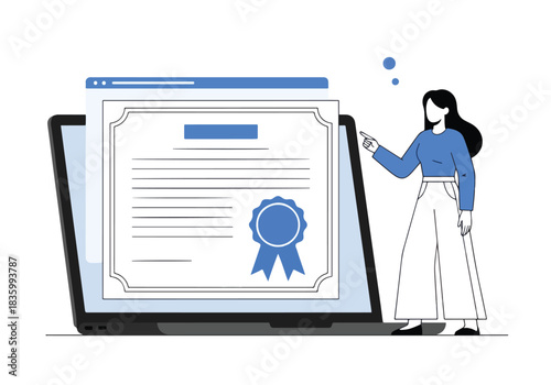 Woman receives digital certificate on laptop screen education success concept - Flat Vector Illustration, icon. Editable stroke. Colored vector illustration