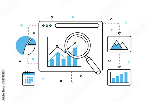 Business data analysis magnifying glass chart website icon set - Flat Vector Illustration, icon. Editable stroke. Colored vector illustration