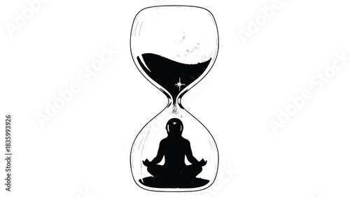 Silhouette of a person meditating peacefully inside an hourglass, symbolizing inner peace amidst the passage of time.